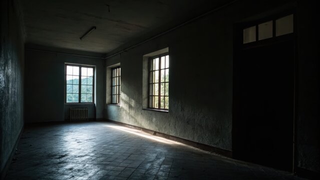 Dimly lit empty room with textured walls, large windows casting light and shadows on the tiled floor, and a closed door with a small window panel.