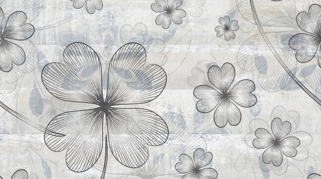 Vintage floral tile pattern with hand-drawn clover leaves, rustic ceramic wall texture in gray and white, elegant botanical surface design