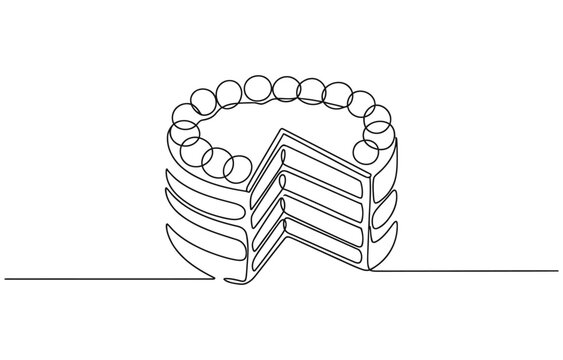 Single continuous line drawing of stylized cut sliced cake with cherry fruit topping art.