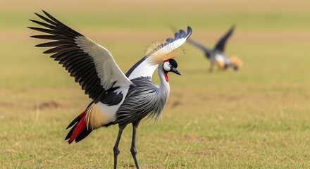 Naklejka premium Elegant Grey Crowned Crane Spreading Wings in Grassy Wetland