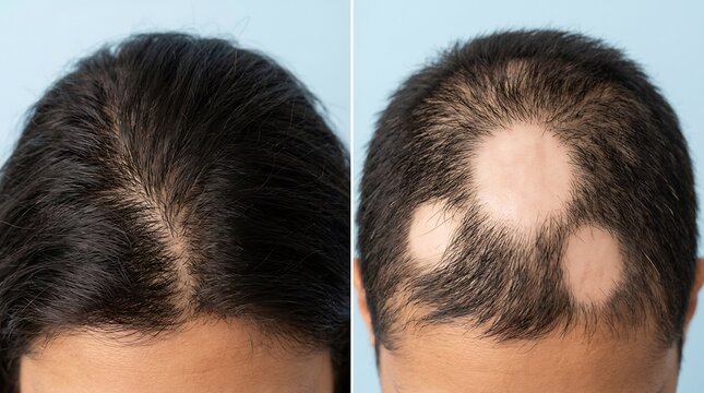 Detailed comparison of a healthy scalp with dense hair versus a scalp showing multiple circular bald patches and hair loss