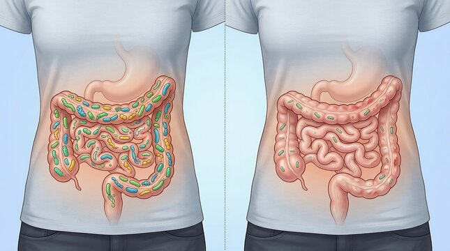 Comparison of healthy and unbalanced human gut microbiome showing diverse versus limited intestinal bacteria