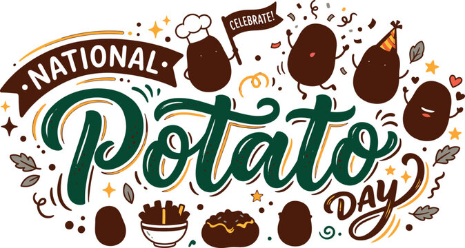National potato day celebration banner with cute dancing potato characters