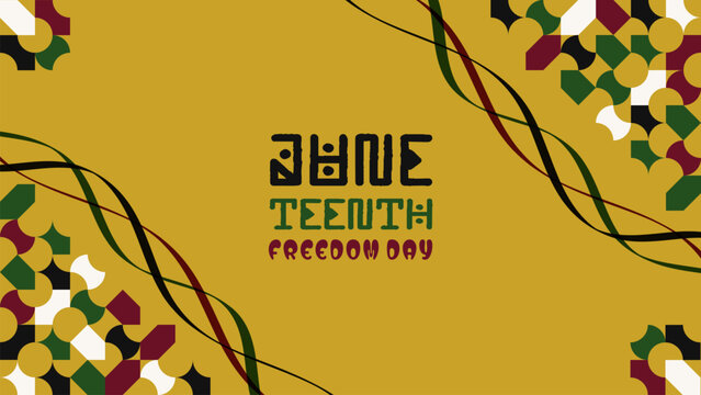 Juneteenth Freedom Day typography banner featuring decorative geometric corner patterns, flowing ribbon elements, and a black, green, gold, and burgundy color palette. Modern cultural celebration,
