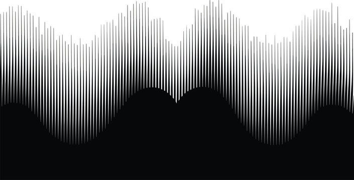 Professional black and white audio wave spectrum vibrating with energetic frequency peaks in a high contrast digital environment.