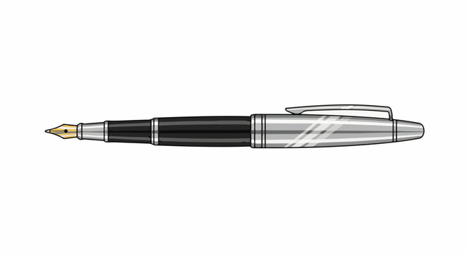 Detailed illustration of a sleek, modern fountain pen with a black barrel and silver accents