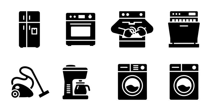 Home Appliance Icons Set: Refrigerator, Oven, Washing Machine, Dishwasher, Vacuum, Coffee Maker