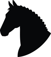 Elegant black horse head silhouette profile showcasing a graceful pose with a braided mane against a plain white background. © Vector Expert