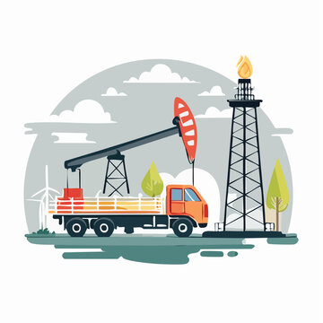 Oil industry scene with pumpjack, truck, and flare stack