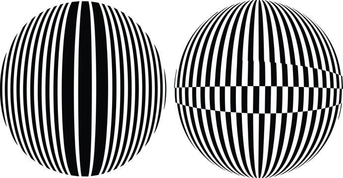 Minimalist 3D monochrome spheres with vertical black and white stripes on a flat white background creating optical art style.