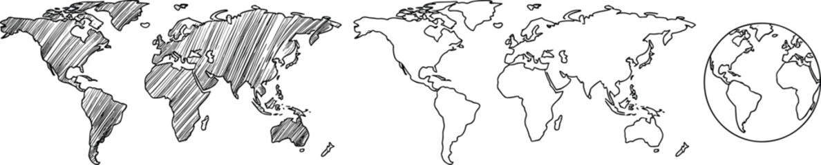 Professional hand-drawn world map sketches on bright white background, expressing creative global unity and travel themes. © Vector Expert