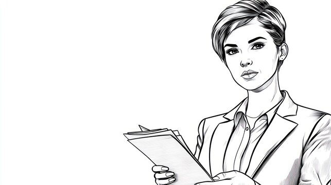 Woman with short hair and jacket holds documents, monochrome sketch on a white backdrop