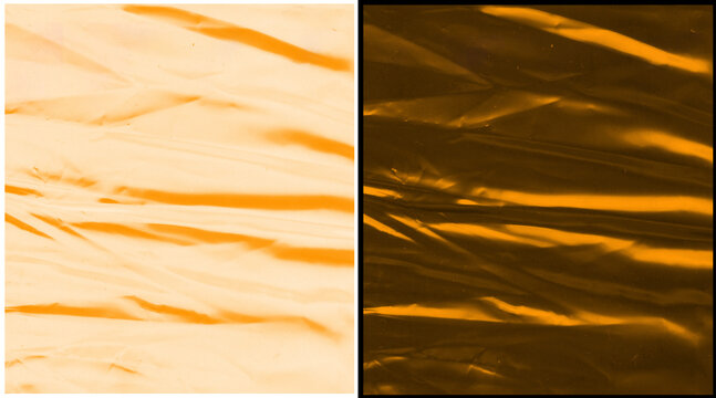 Crumpled orange plastic texture set, wrinkled cellophane film background, macro detail of creased synthetic material for graphic design