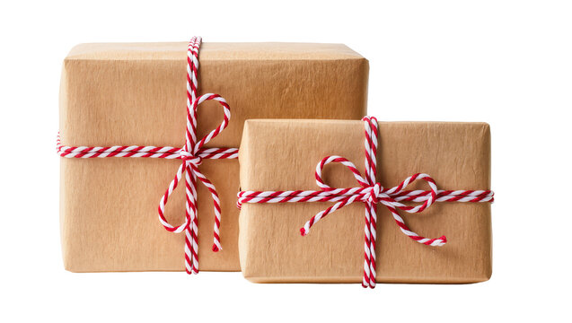 Two brown paper gift boxes tied with red and white twine