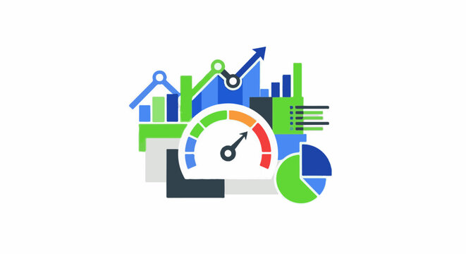 Colorful graphic with a speedometer and various charts