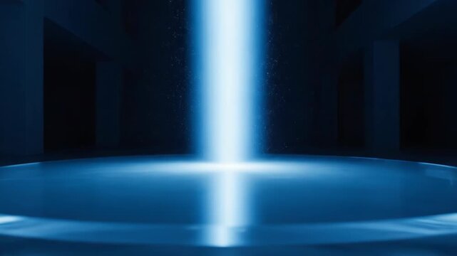 Glowing blue light beam shining on transparent circular platform in dark room 4k video