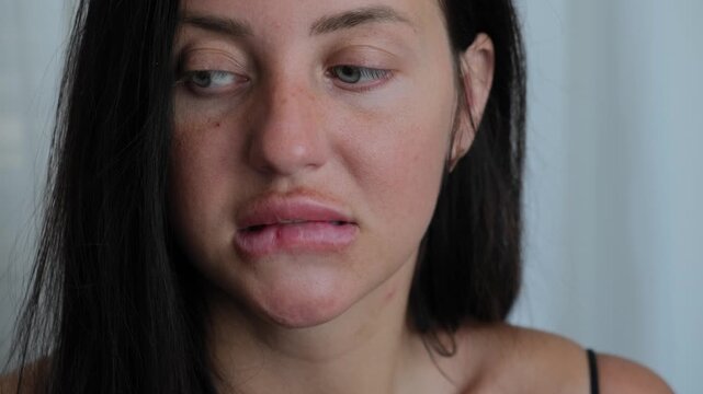 Emotional tension and anxiety concept with woman biting lips in close up, self control struggle and psychological stress behavior