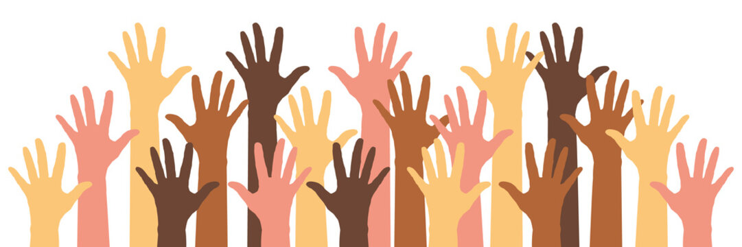 Hands raised in the air, symbolizing voting, support, applause, questions, or solidarity. Hand-drawn colorful illustration. 