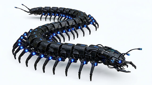 Sleek, futuristic black robotic centipede with glowing blue lights, advanced technology concept