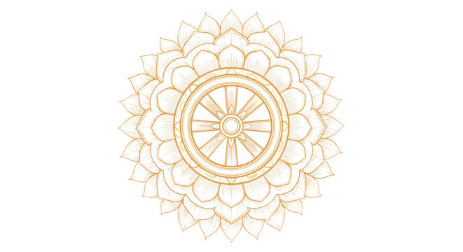 Golden Dharma Wheel Symbol Isolated on White Background.