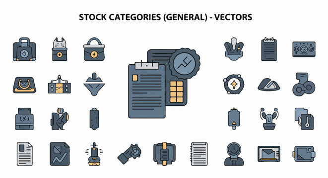 Collection of illustrated icons depicting various business and finance related concepts and tools