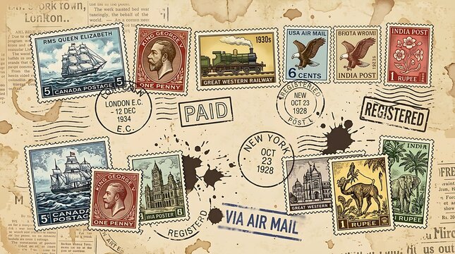 Vintage Postage Stamp Collection Arranged on Aged Travel Envelope Background
