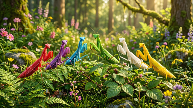 Six Praying Mantises Resting on Green Plants in Natural Garden Habitat