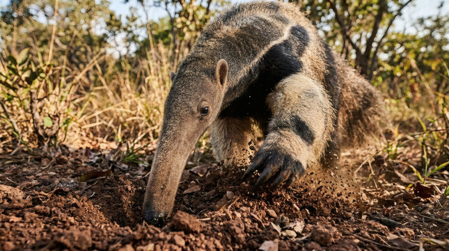 Giant anteater foraging in dry soil during golden hour sunlight