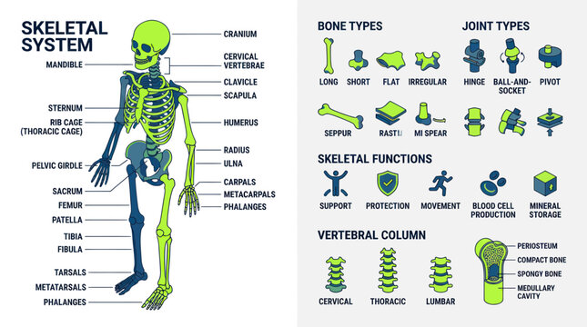 Human Skeletal System Anatomy Diagram: Bones, Joints, and Functions