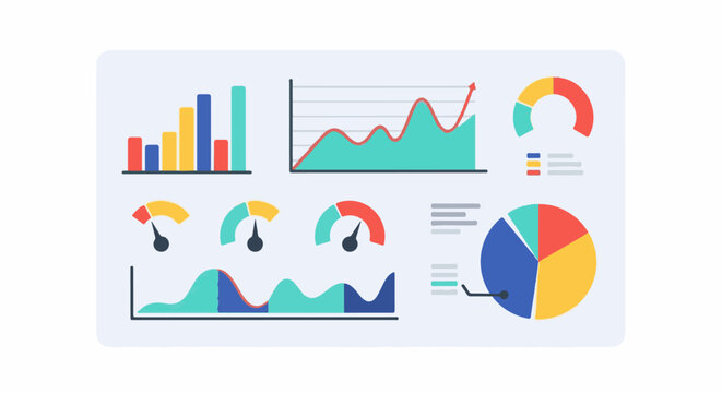 Colorful data visualization dashboard with various charts and gauges