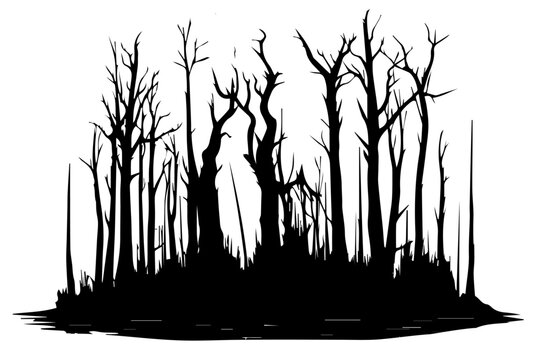 Vector of forest with dead trees, vector silhouette, creepy trees