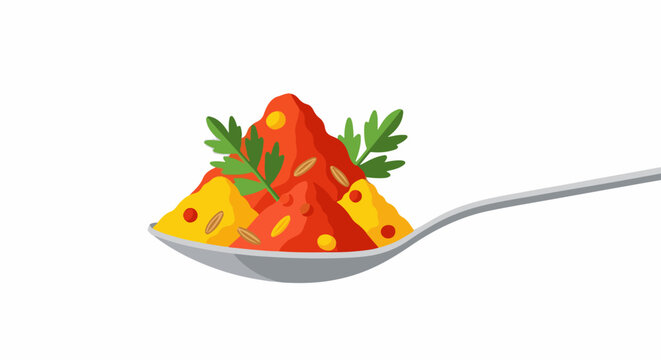 Close-up of a spoon holding a colorful medley of spices and herbs
