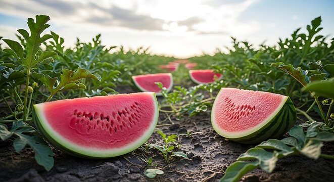 Fresh watermelon slices on wooden table in sunny summer garden with green plants