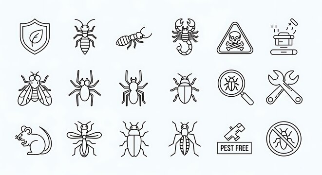 Black Pest Control Line Icons Arranged on Clean White Background