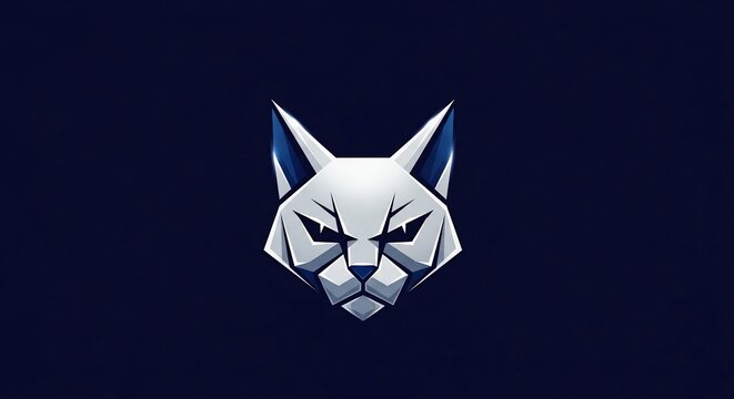 Geometric feline logo sharp angular cat head with intense glowing eyes, symbolizing power, vigilance, and modern strength, featuring stylized whisk-like contours