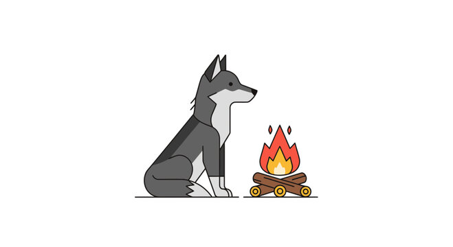 Lone wolf sitting by campfire, vector illustration, white background
