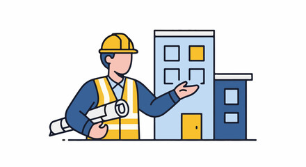 Fototapeta premium Construction worker with blueprints pointing at a building