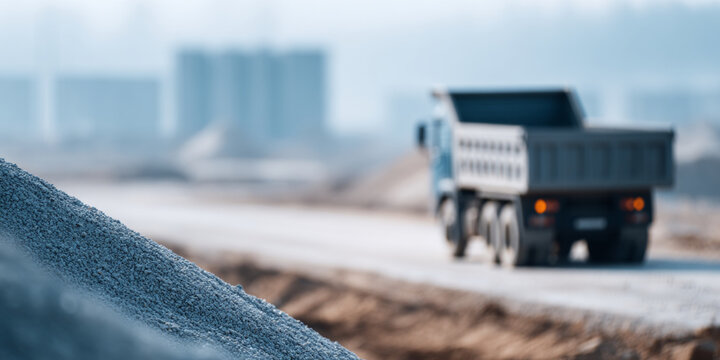 Construction site gravel pile with dump truck