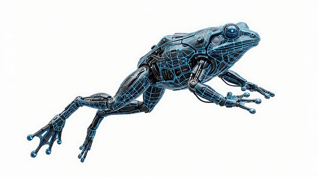 Robotic frog with glowing blue eyes jumping on a white background