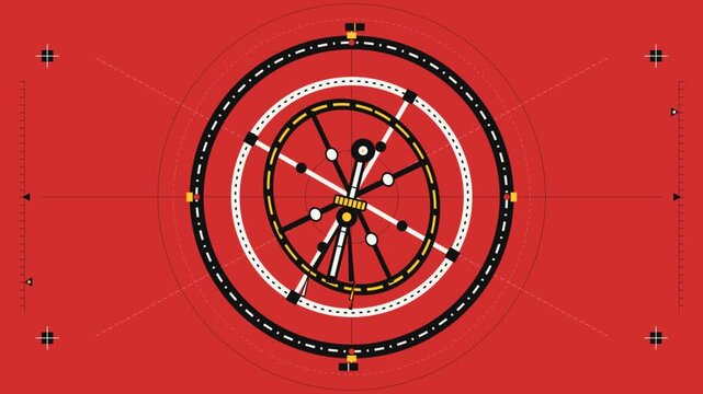 Technical motion graphics of rotating mechanical rings on orange base