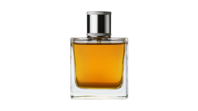 Square glass perfume bottle with amber liquid and silver cap