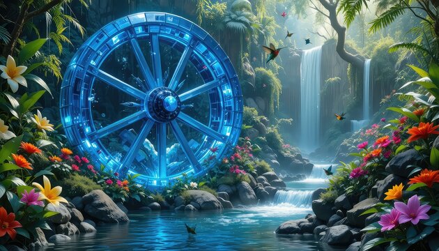 enormous sapphire crystal water wheel turning gently beside a rainforest stream, surrounded by exotic flowers, colorful hummingbirds, lush tropical vegetation
