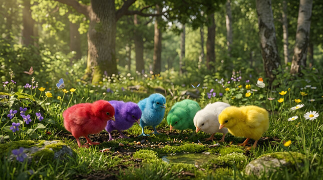 Six Adorable Baby Chicks Pecking Food Together on Farm Ground