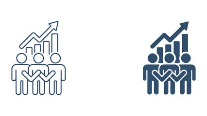 Fototapeta premium Business growth team icon featuring rising bar charts and upward trend arrows in minimalist line and professional solid blue vector styles for corporate success and financial development themes