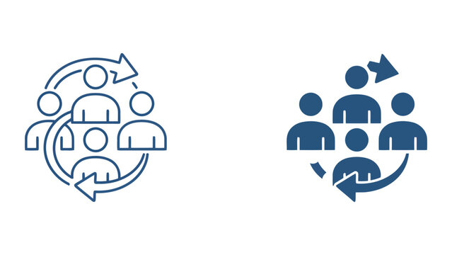Agile team workflow and iterative process icon featuring group of people with circular arrows for project management and continuous improvement strategies