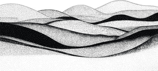 Minimalist stippled landscape of rolling hills flowing across the frame creating a serene desert setting with soft lighting. ©  Victory Pixel