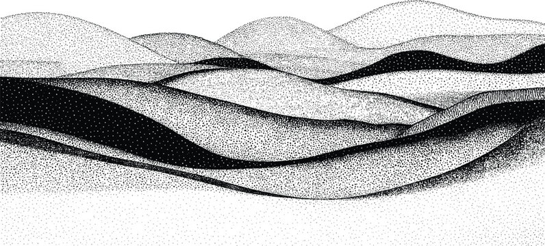 Minimalist stippled landscape of rolling hills flowing across the frame creating a serene desert setting with soft lighting.