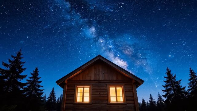 Wooden cabin under starry night sky