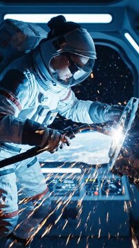 Astronaut welding in spacecraft with bright sparks and intense lighting