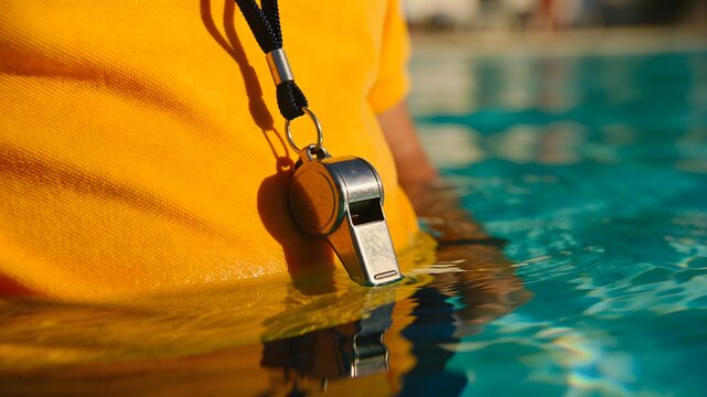 Close-up of a silver whistle hanging from a person in a yellow shirt by a blue swimming pool, symbolizing lifeguard supervision, water safety awareness, and drowning prevention during summer.